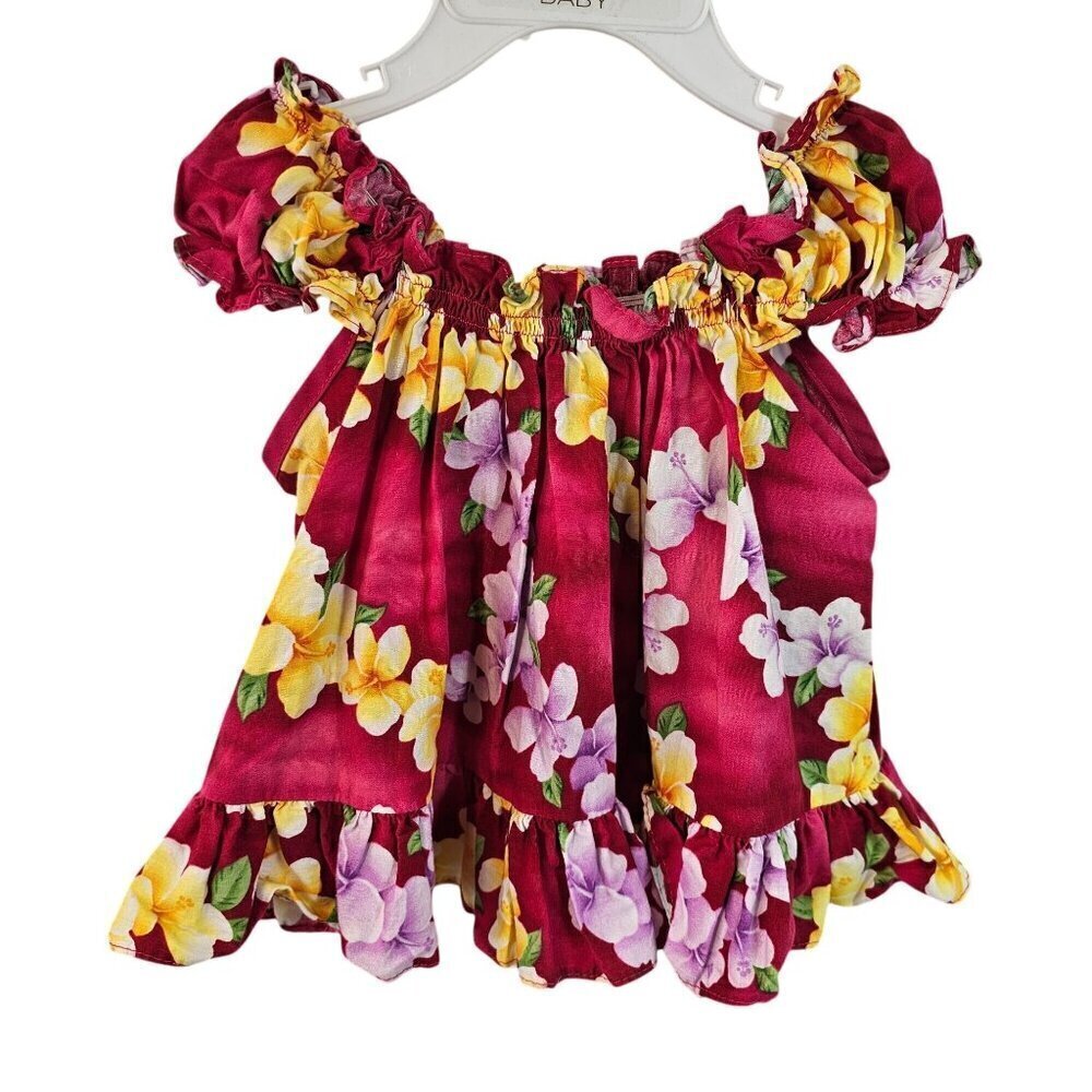 Hawaiian Station Baby Dress Size 6M Off Shoulder Tropical Pink Yellow Floral
